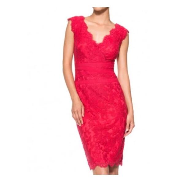 Tadashi Shoji Red Coral Chantilly Lace Sleeveless Sheath Cocktail Dress Size 8 - Picture 1 of 10